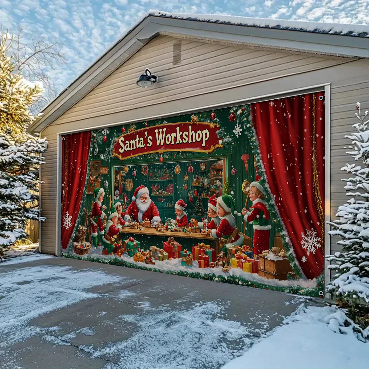Shineful Garage Door Banner Decoration - Santa's Workshop Magic