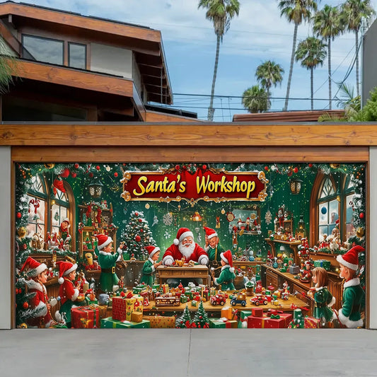 Shineful Garage Door Banner Decoration - Santa’s Magical Workshop in Action