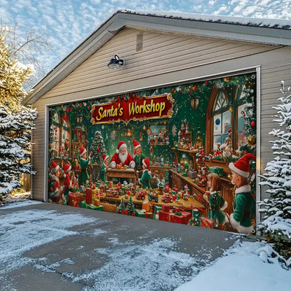 Shineful Garage Door Banner Decoration - Santa’s Magical Workshop in Action