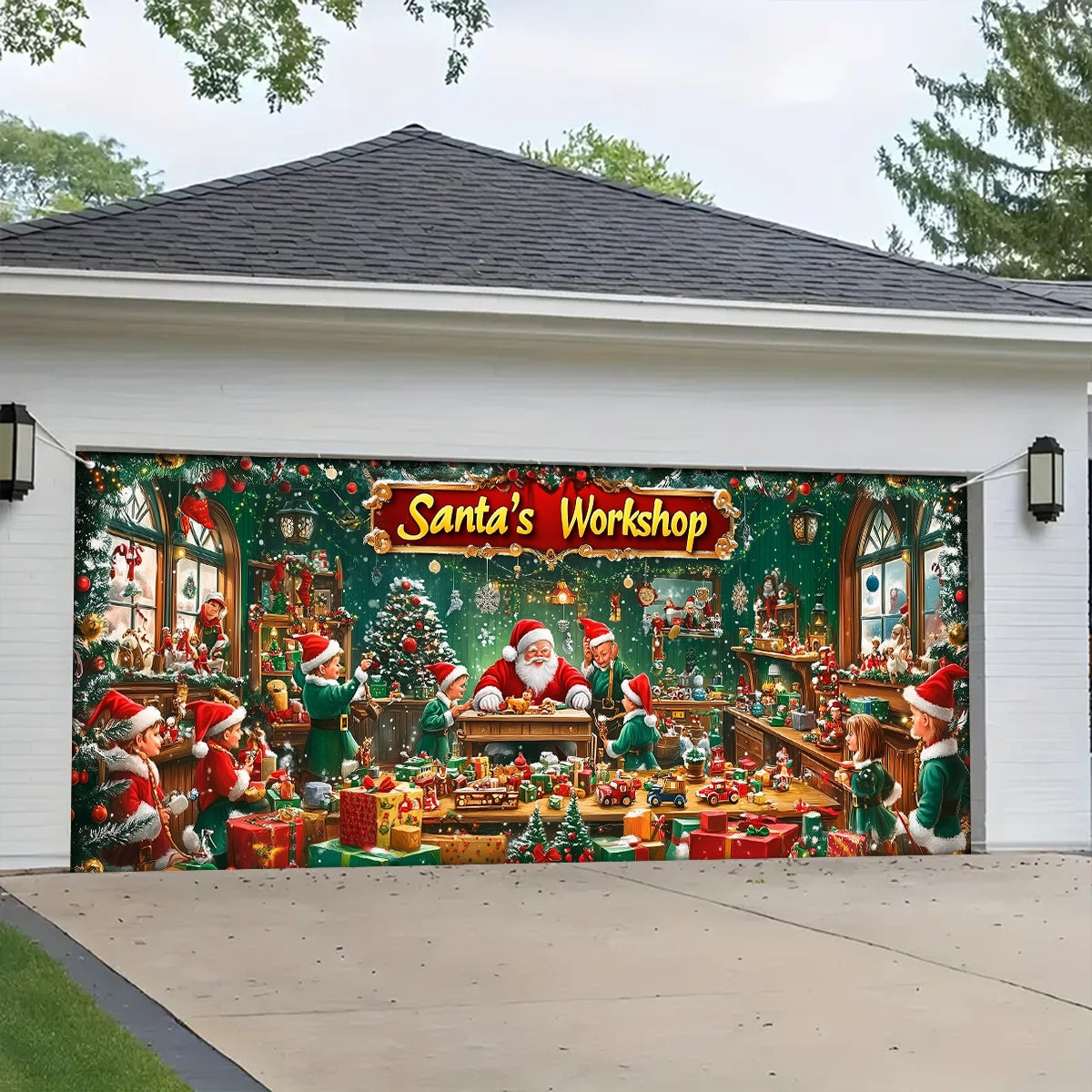 Shineful Garage Door Banner Decoration - Santa’s Magical Workshop in Action