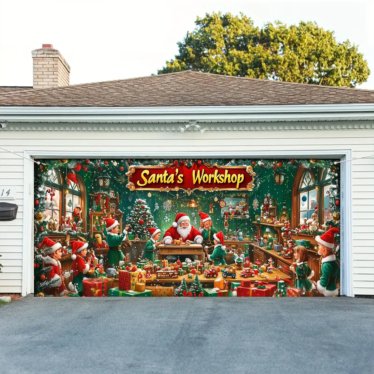 Shineful Garage Door Banner Decoration - Santa’s Magical Workshop in Action