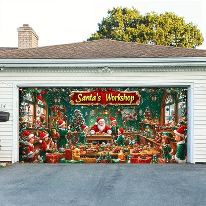 Shineful Garage Door Banner Decoration - Santa’s Magical Workshop in Action