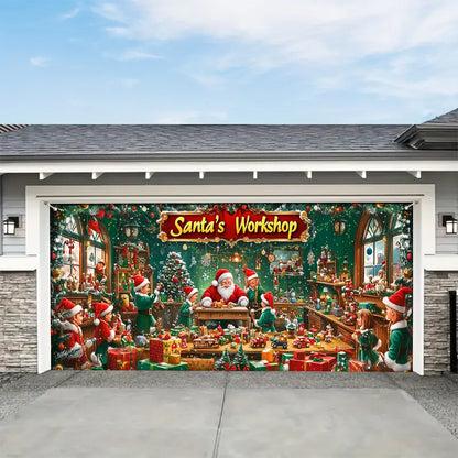 Shineful Garage Door Banner Decoration - Santa’s Magical Workshop in Action