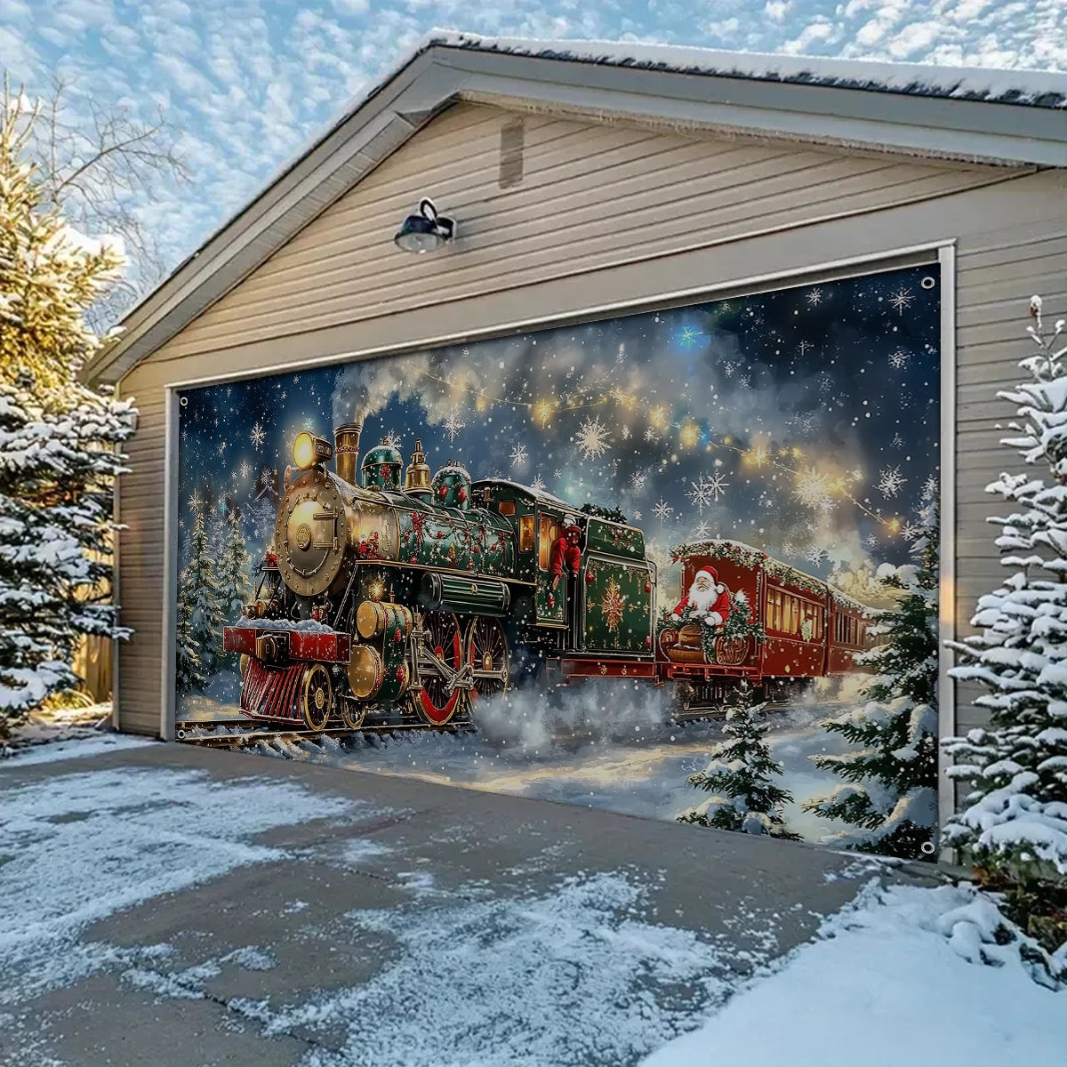 Shineful Garage Door Banner Decoration - Santa’s Sleigh on Rails The Enchanted Christmas Train Adventure