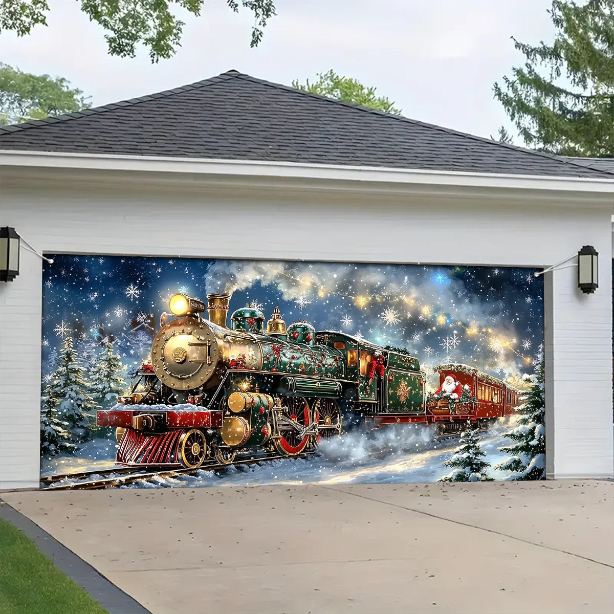 Shineful Garage Door Banner Decoration - Santa’s Sleigh on Rails The Enchanted Christmas Train Adventure