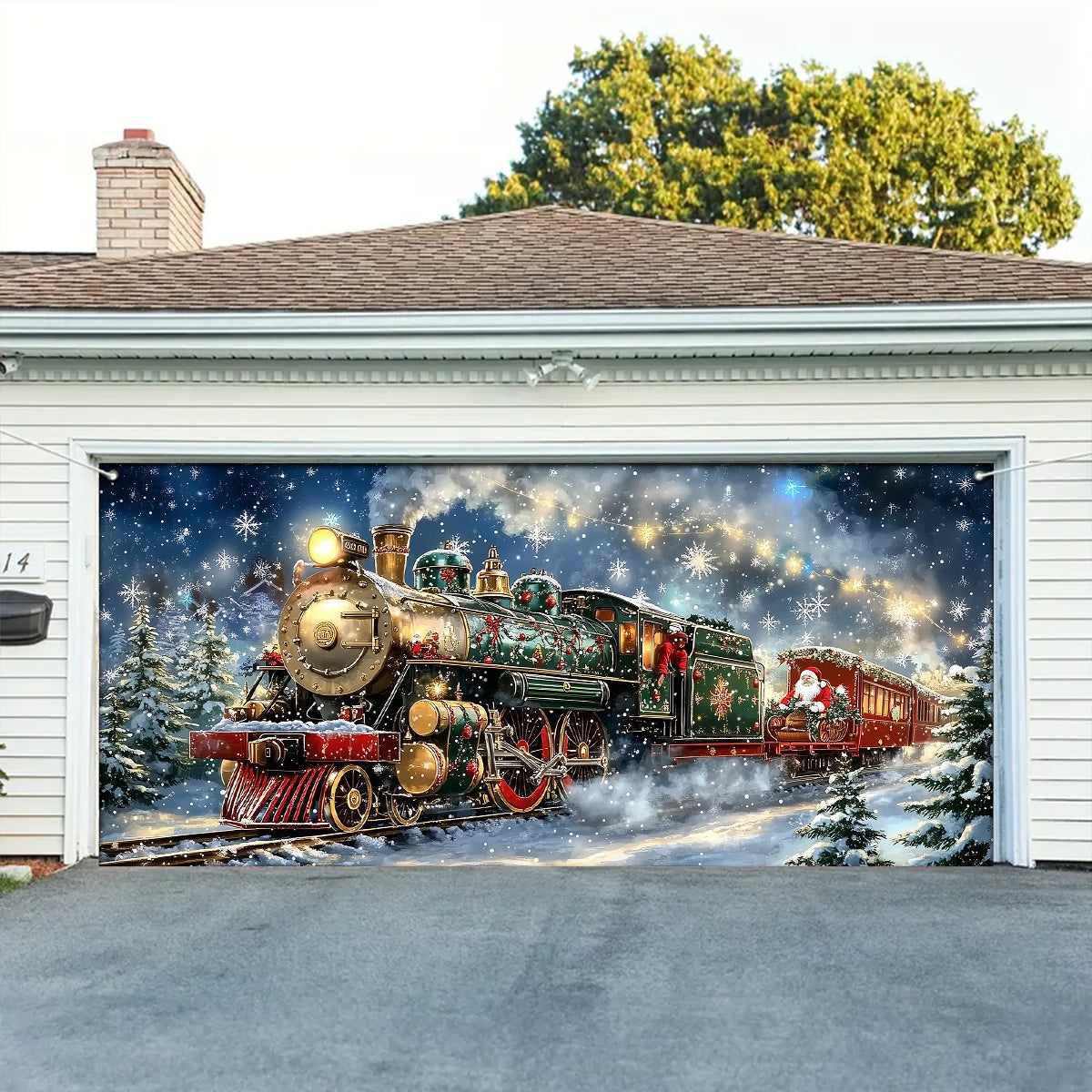 Shineful Garage Door Banner Decoration - Santa’s Sleigh on Rails The Enchanted Christmas Train Adventure