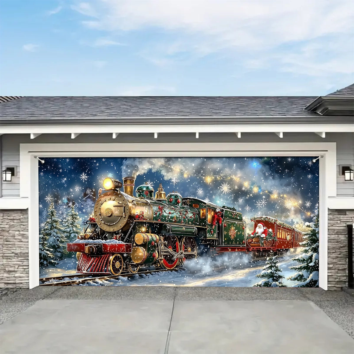 Shineful Garage Door Banner Decoration - Santa’s Sleigh on Rails The Enchanted Christmas Train Adventure