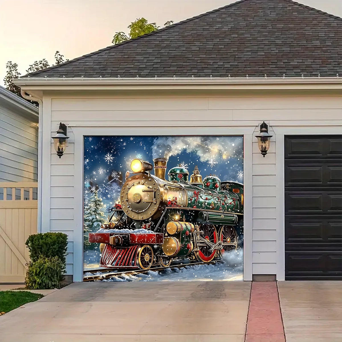 Shineful Garage Door Banner Decoration - Santa’s Sleigh on Rails The Enchanted Christmas Train Adventure