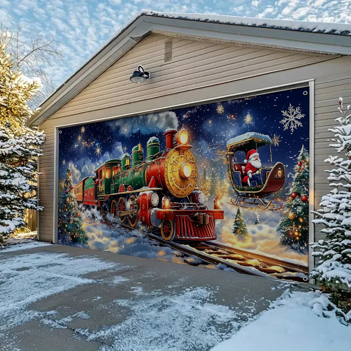 Shineful Garage Door Banner Decoration - Santa’s Magical Train Ride A Festive Journey Through Winter’s Wonderland