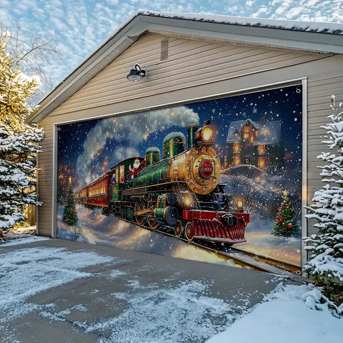 Shineful Garage Door Banner Decoration - Magical Holiday Express Santa’s Train Spreading Cheer on a Winter’s Eve