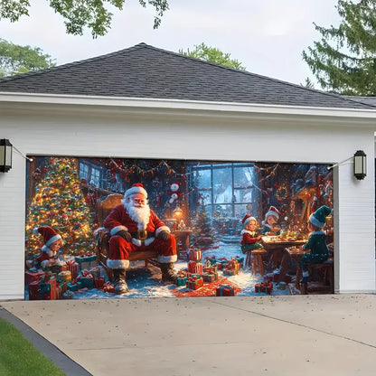 Shineful Garage Door Banner Decoration - Santa’s Workshop Magic A Cozy Christmas Scene of Joy and Gifts