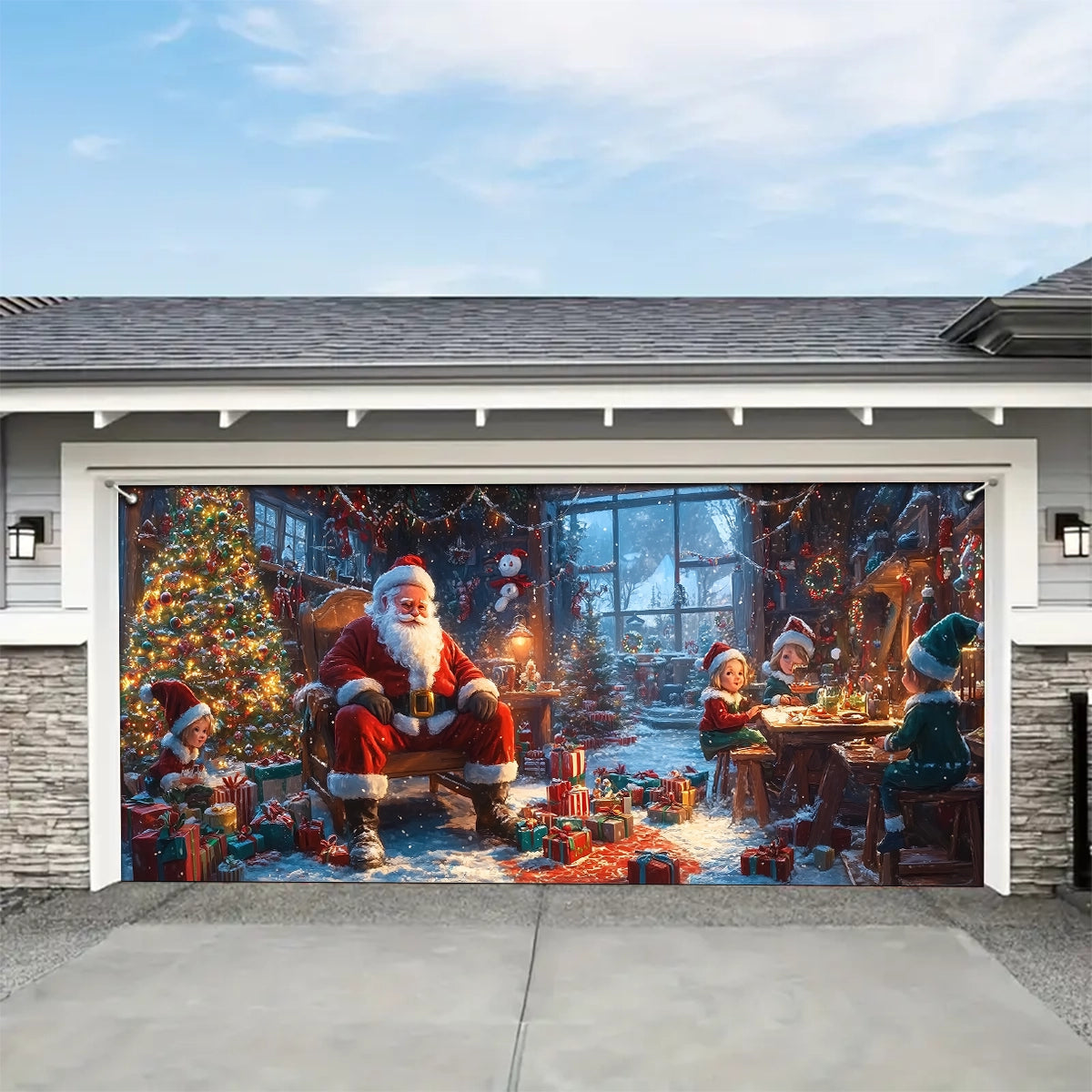 Shineful Garage Door Banner Decoration - Santa’s Workshop Magic A Cozy Christmas Scene of Joy and Gifts