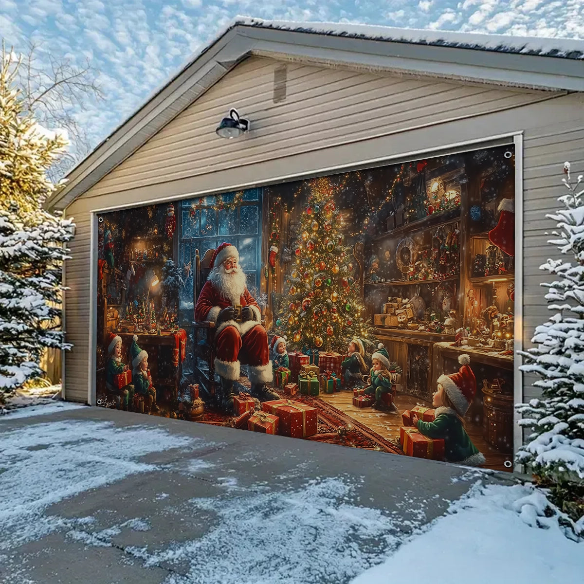 Shineful Garage Door Banner Decoration - Santa’s Cozy Workshop A Magical Christmas Eve with Elves and Gifts