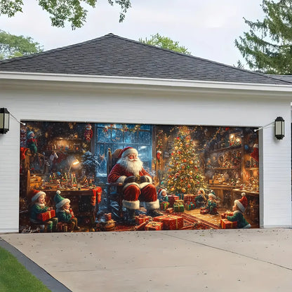 Shineful Garage Door Banner Decoration - Santa’s Cozy Workshop A Magical Christmas Eve with Elves and Gifts