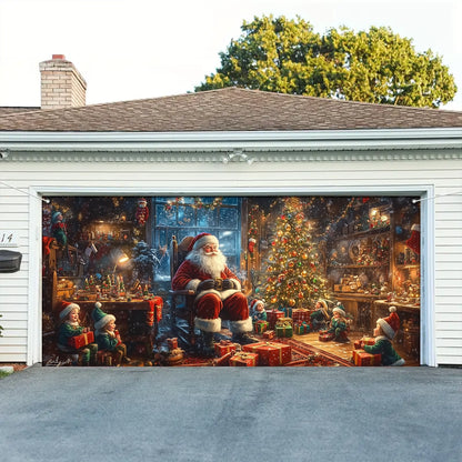Shineful Garage Door Banner Decoration - Santa’s Cozy Workshop A Magical Christmas Eve with Elves and Gifts
