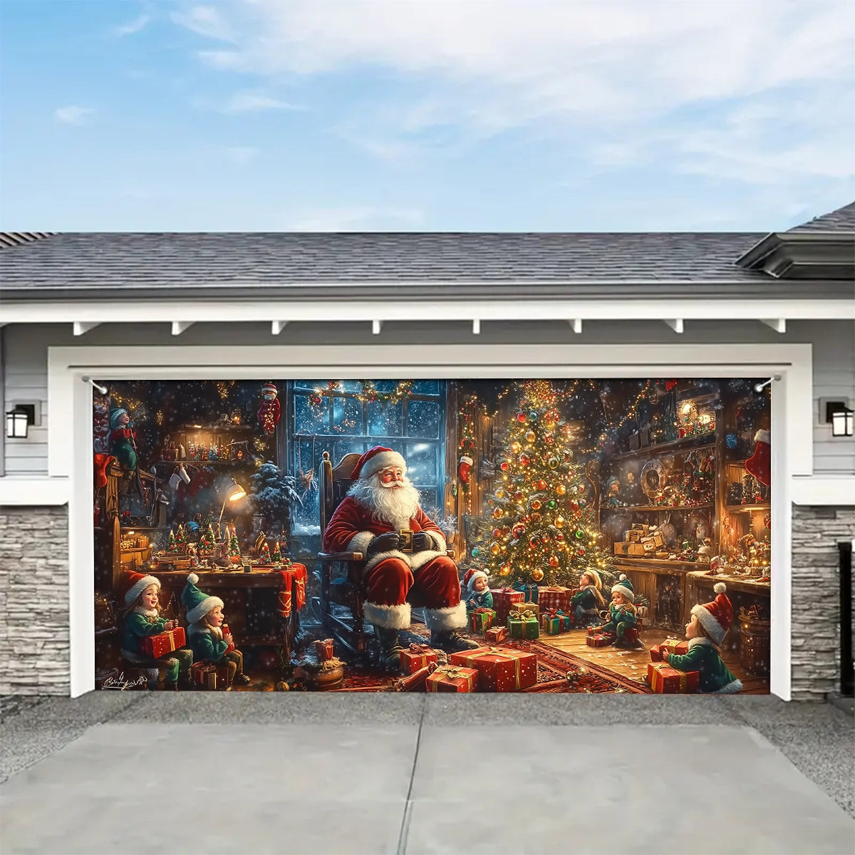 Shineful Garage Door Banner Decoration - Santa’s Cozy Workshop A Magical Christmas Eve with Elves and Gifts