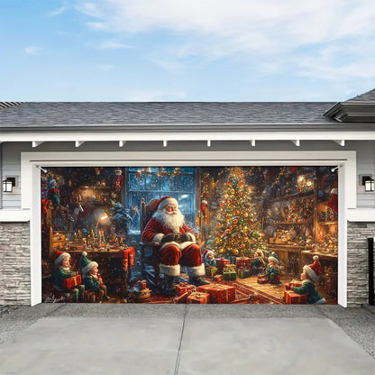 Shineful Garage Door Banner Decoration - Santa’s Cozy Workshop A Magical Christmas Eve with Elves and Gifts