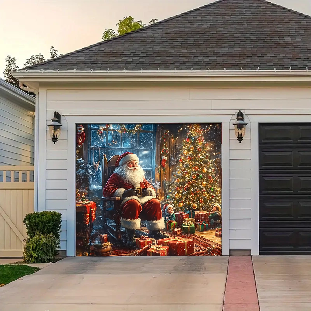 Shineful Garage Door Banner Decoration - Santa’s Cozy Workshop A Magical Christmas Eve with Elves and Gifts