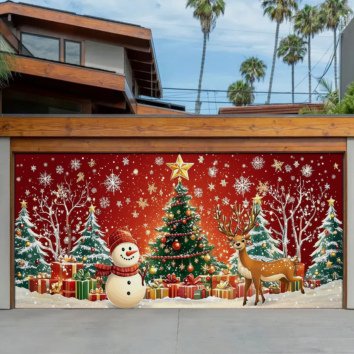 Shineful Garage Door Banner Decoration - Winter Wonderland A Festive Scene with Snowman and Reindeer