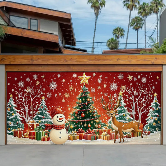 Shineful Garage Door Banner Decoration - Winter Wonderland A Festive Scene with Snowman and Reindeer