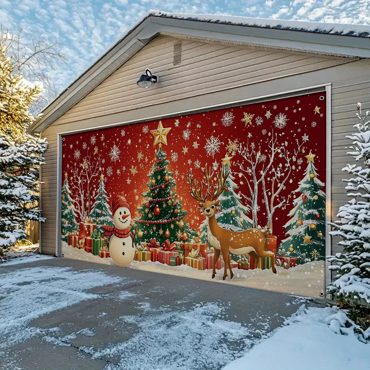 Shineful Garage Door Banner Decoration - Winter Wonderland A Festive Scene with Snowman and Reindeer