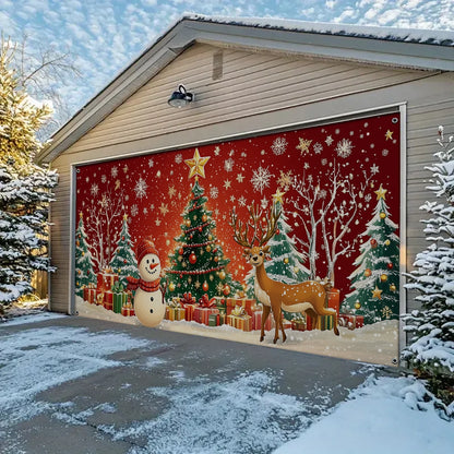 Shineful Garage Door Banner Decoration - Winter Wonderland A Festive Scene with Snowman and Reindeer