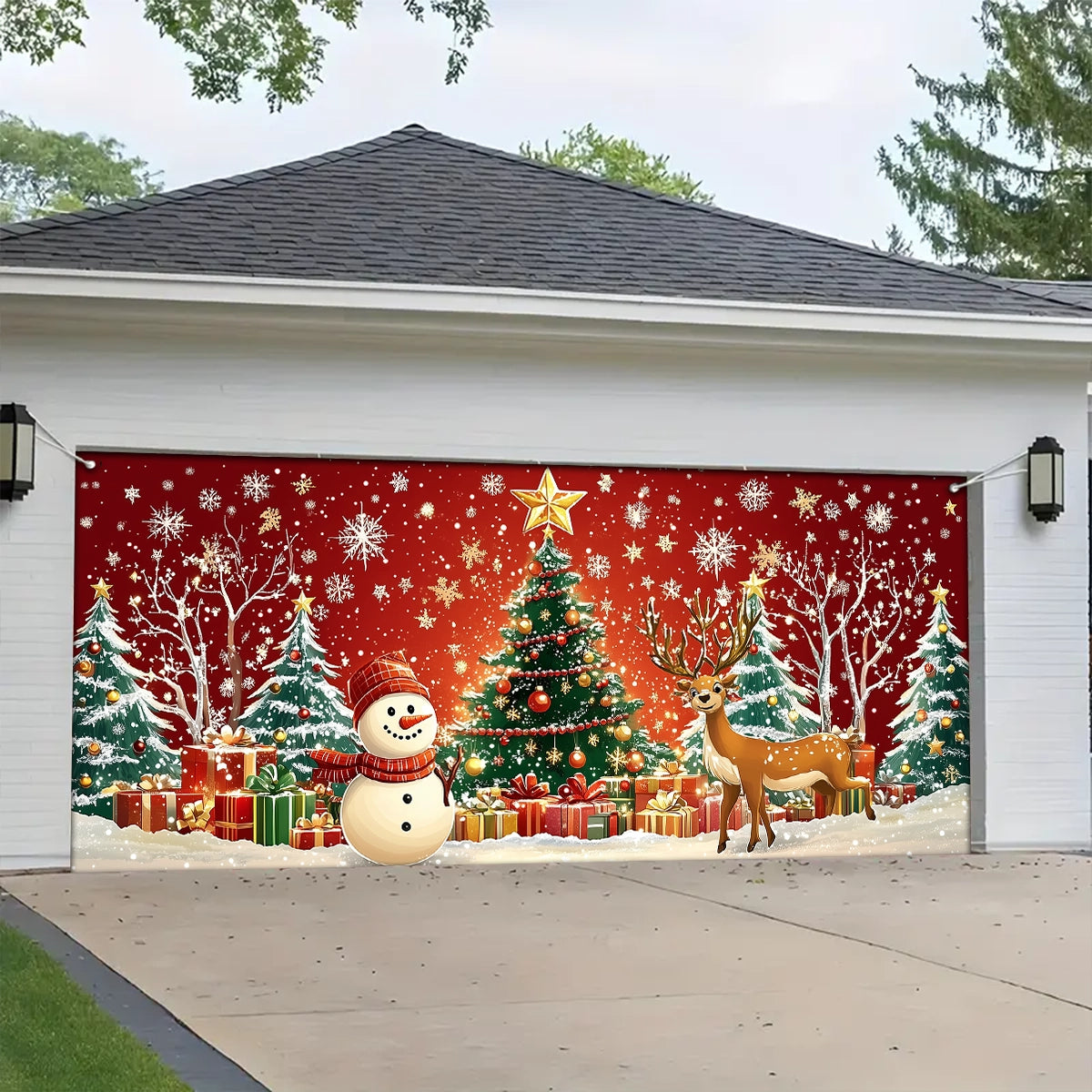 Shineful Garage Door Banner Decoration - Winter Wonderland A Festive Scene with Snowman and Reindeer