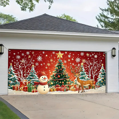 Shineful Garage Door Banner Decoration - Winter Wonderland A Festive Scene with Snowman and Reindeer