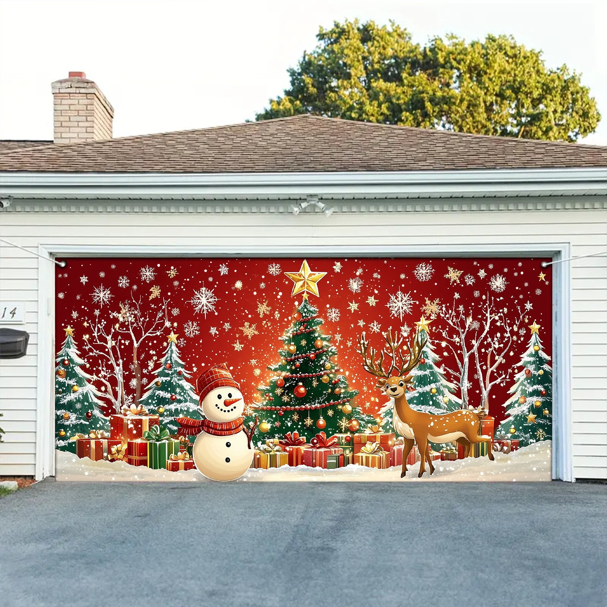 Shineful Garage Door Banner Decoration - Winter Wonderland A Festive Scene with Snowman and Reindeer