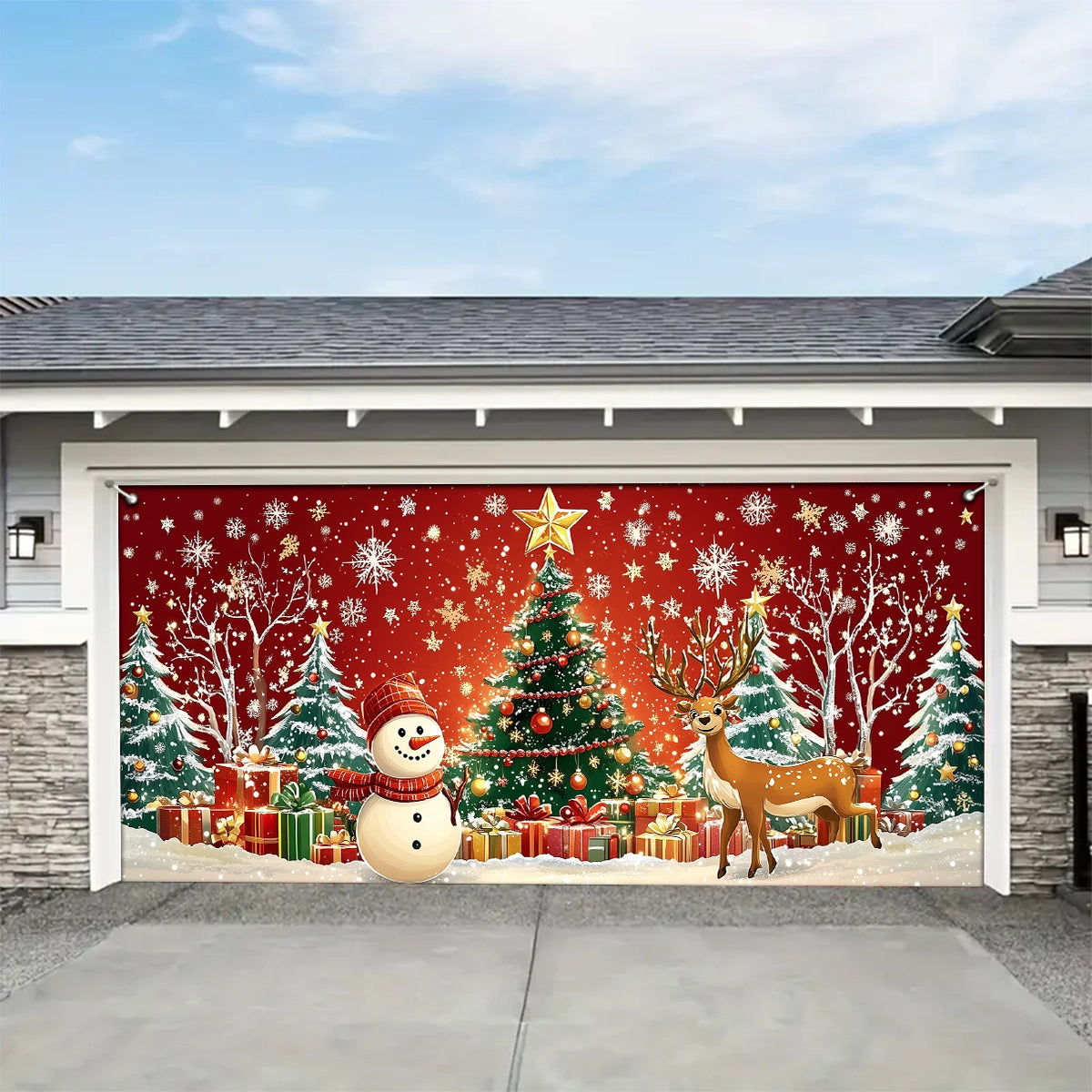 Shineful Garage Door Banner Decoration - Winter Wonderland A Festive Scene with Snowman and Reindeer