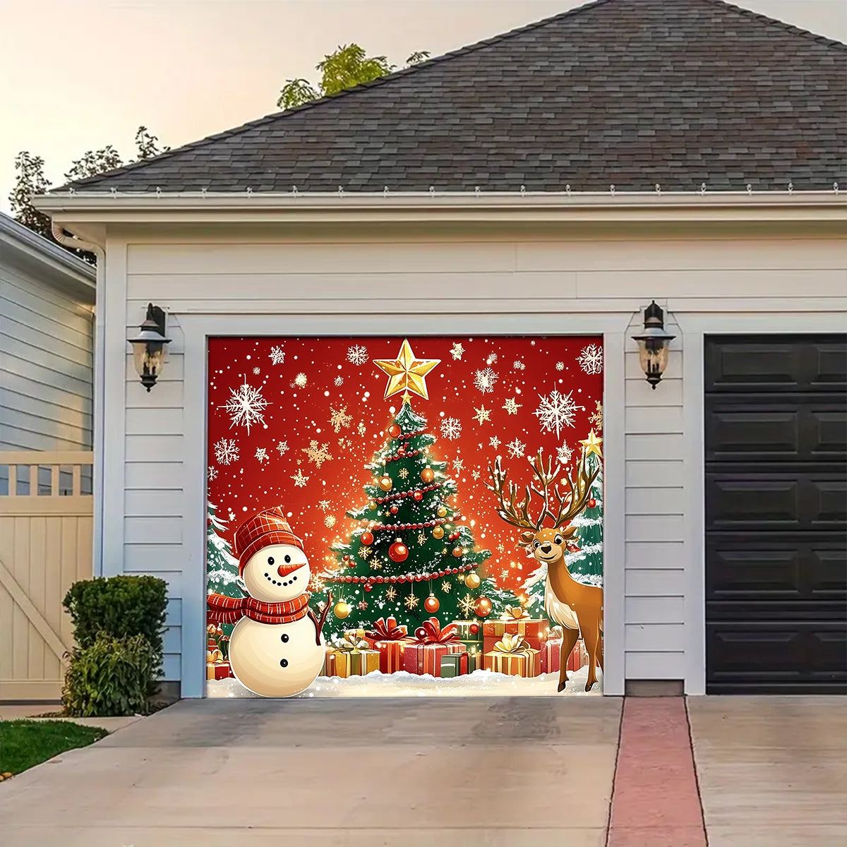 Shineful Garage Door Banner Decoration - Winter Wonderland A Festive Scene with Snowman and Reindeer