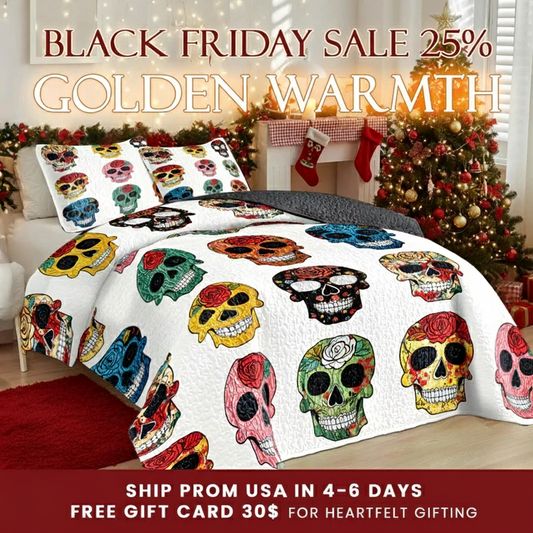 Shineful Quilt 3-Piece Set Colorful Sugar Skull Roses