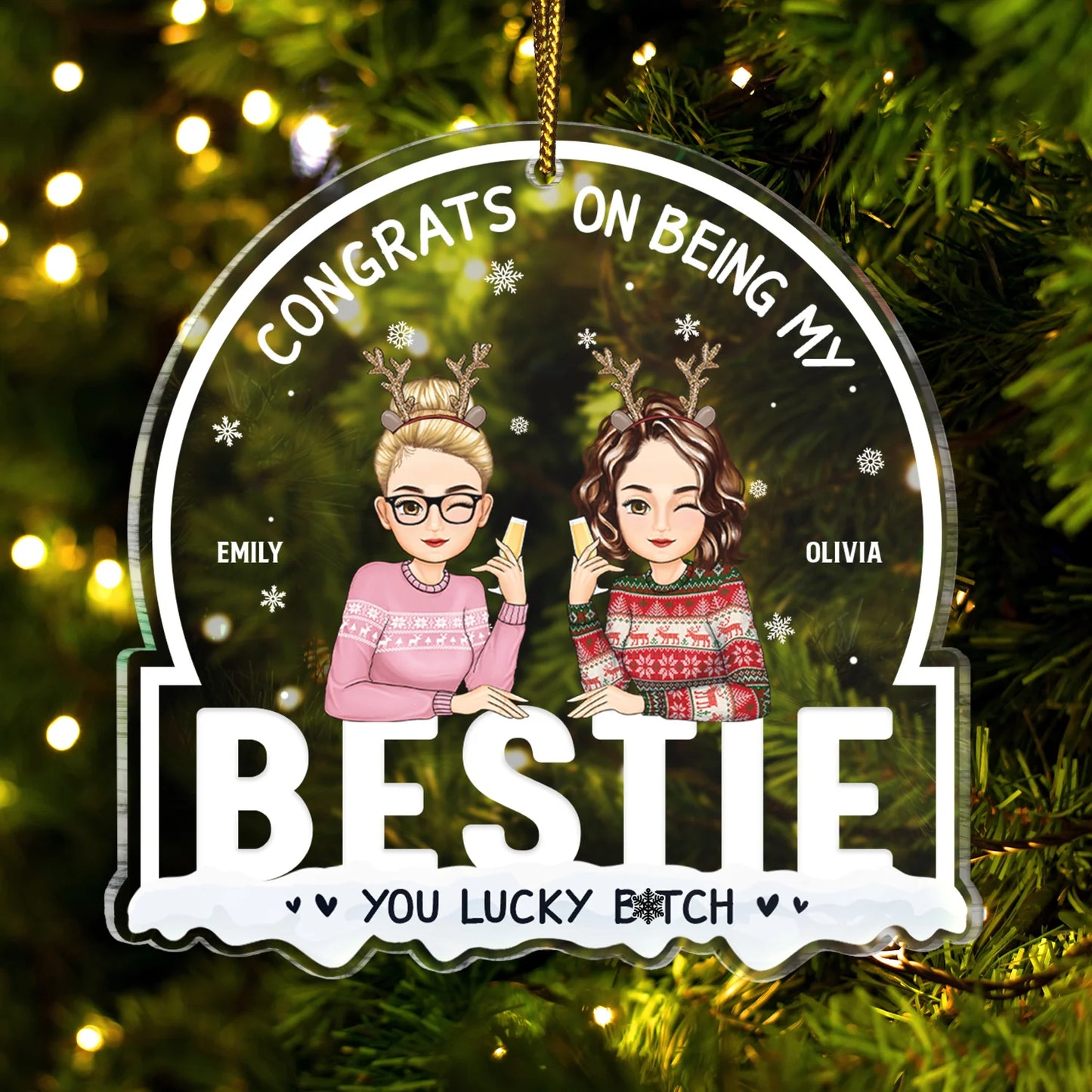 Shineful Christmas Congrats On Being My Besties Cartoon Drinking Personalized Ornament