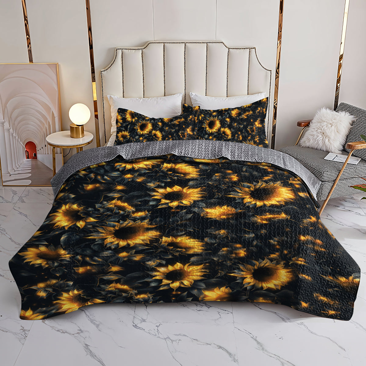 Shineful All Season Quilt 3-Piece Set Midnight Sunflower Glow