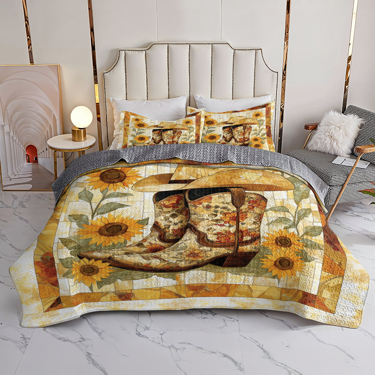 Shineful All Season Quilt 3-Piece Set Sunflower Cowboy Boot