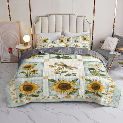 Shineful All Season Quilt 3-Piece Set Sunflower Dragonfly Patchwork