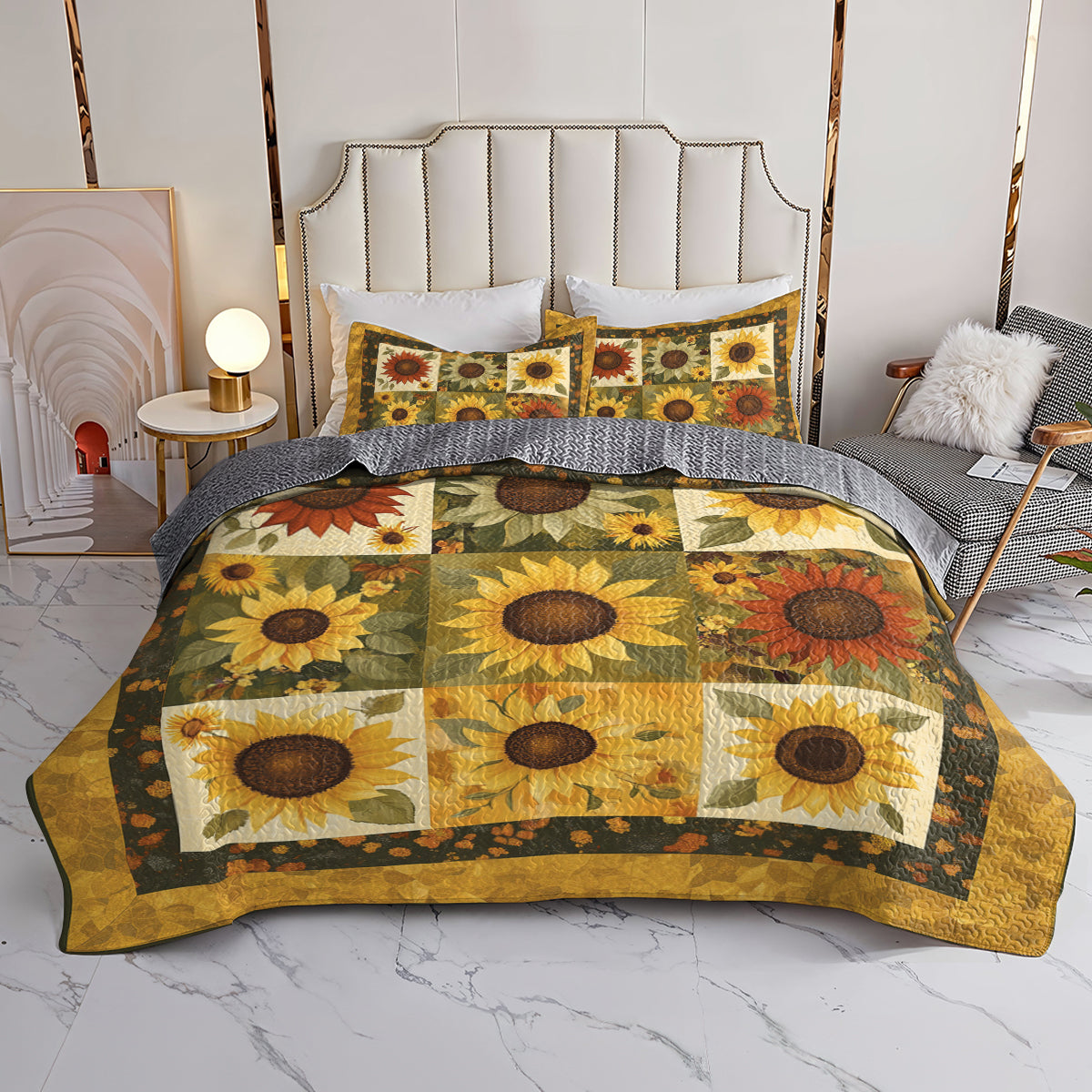 Shineful All Season Quilt 3-Piece Set Golden Sunflower Patchwork