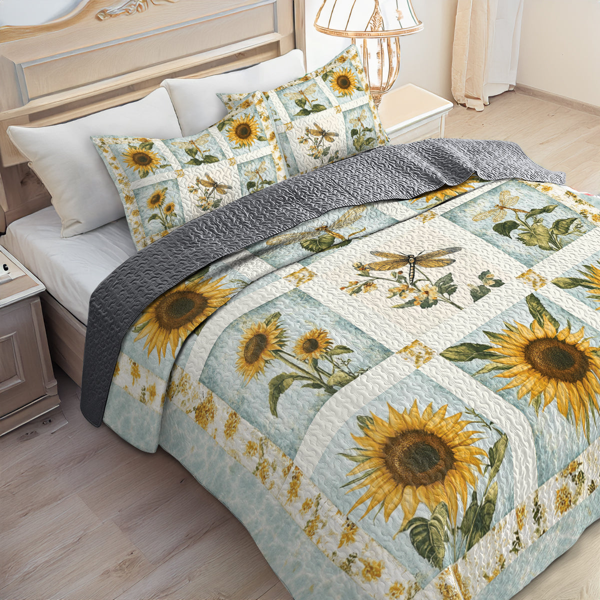Shineful All Season Quilt 3-Piece Set Sunflower Dragonfly Patchwork