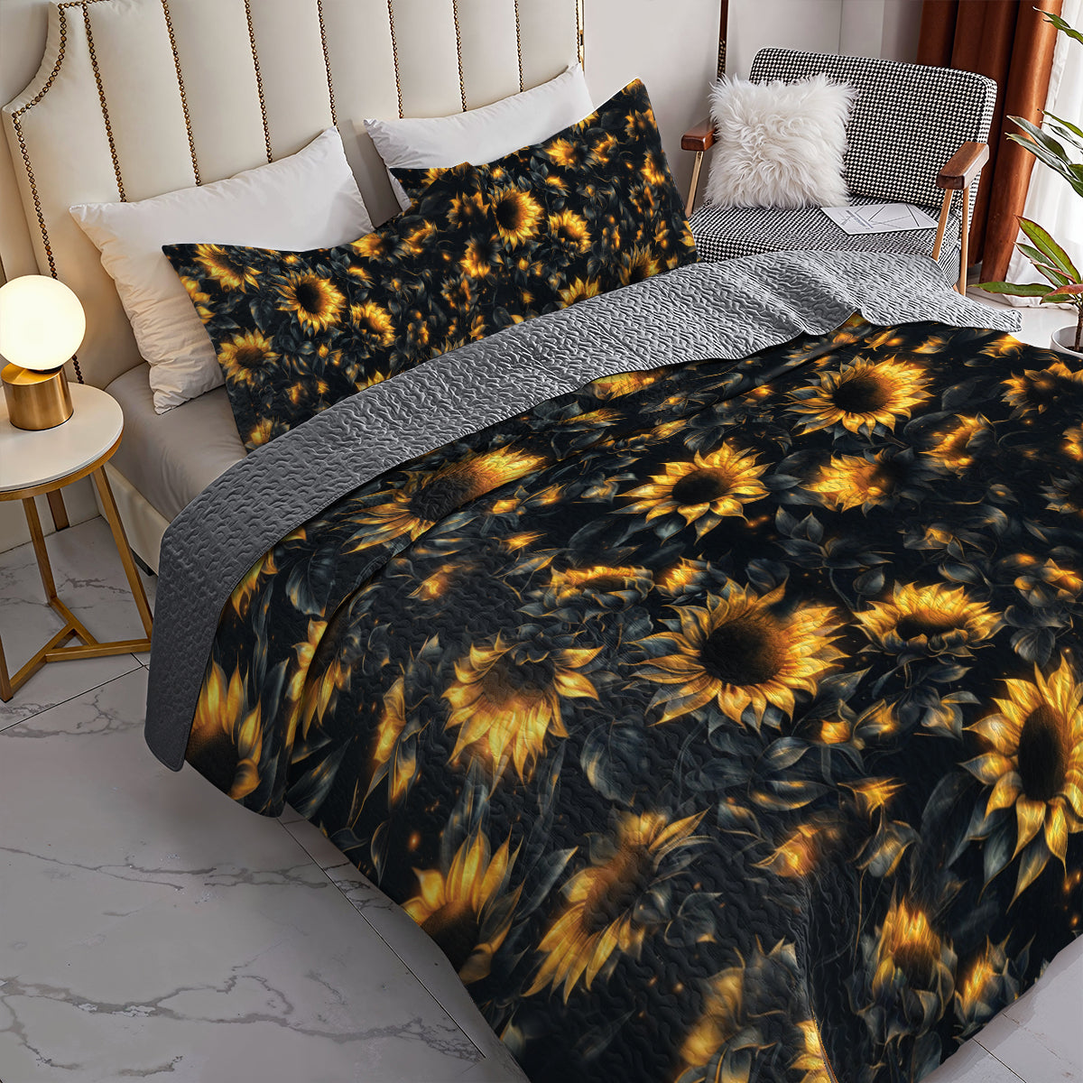 Shineful All Season Quilt 3-Piece Set Midnight Sunflower Glow