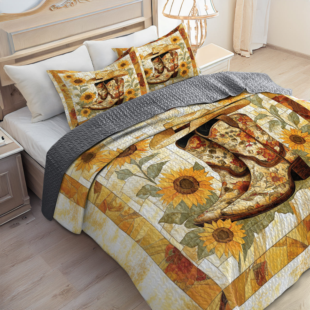 Shineful All Season Quilt 3-Piece Set Sunflower Cowboy Boot