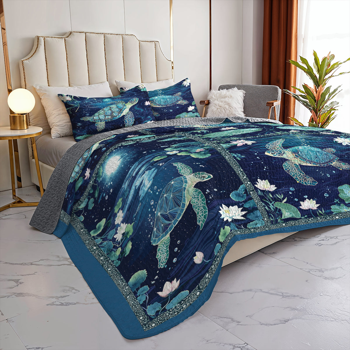 Shineful All Season Quilt 3-Piece Set Night Ocean Turtle