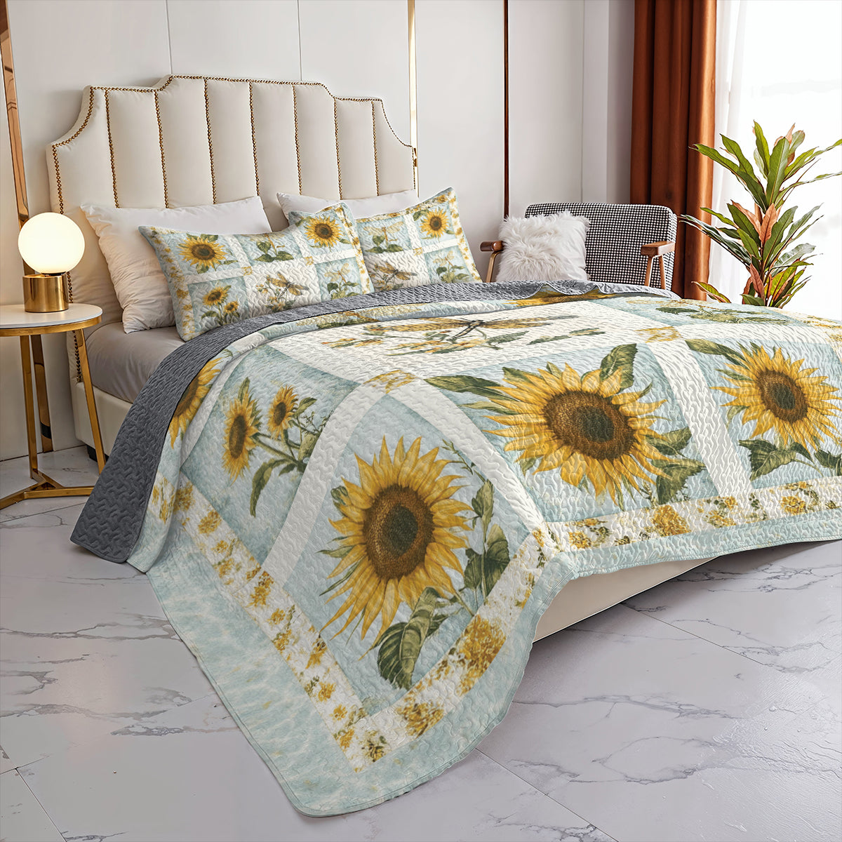 Shineful All Season Quilt 3-Piece Set Sunflower Dragonfly Patchwork
