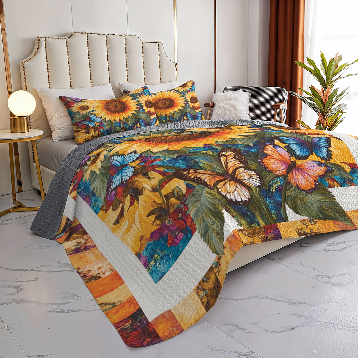 Shineful All Season Quilt 3-Piece Set Vibrant Sunflower & Butterfly