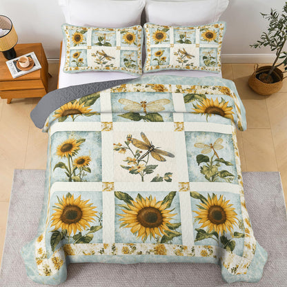 Shineful All Season Quilt 3-Piece Set Sunflower Dragonfly Patchwork