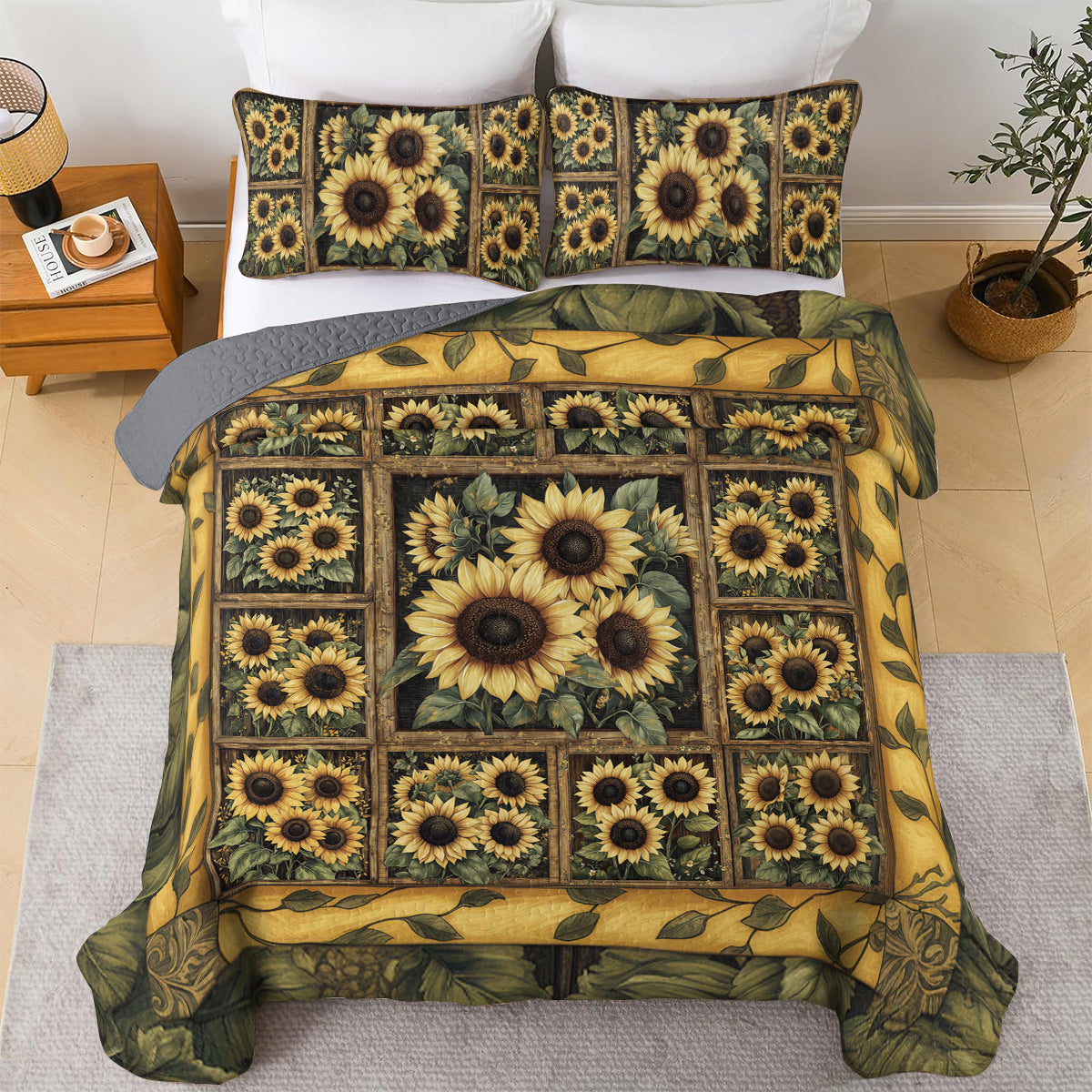 Shineful All Season Quilt 3-Piece Set Golden Sunflower Bliss