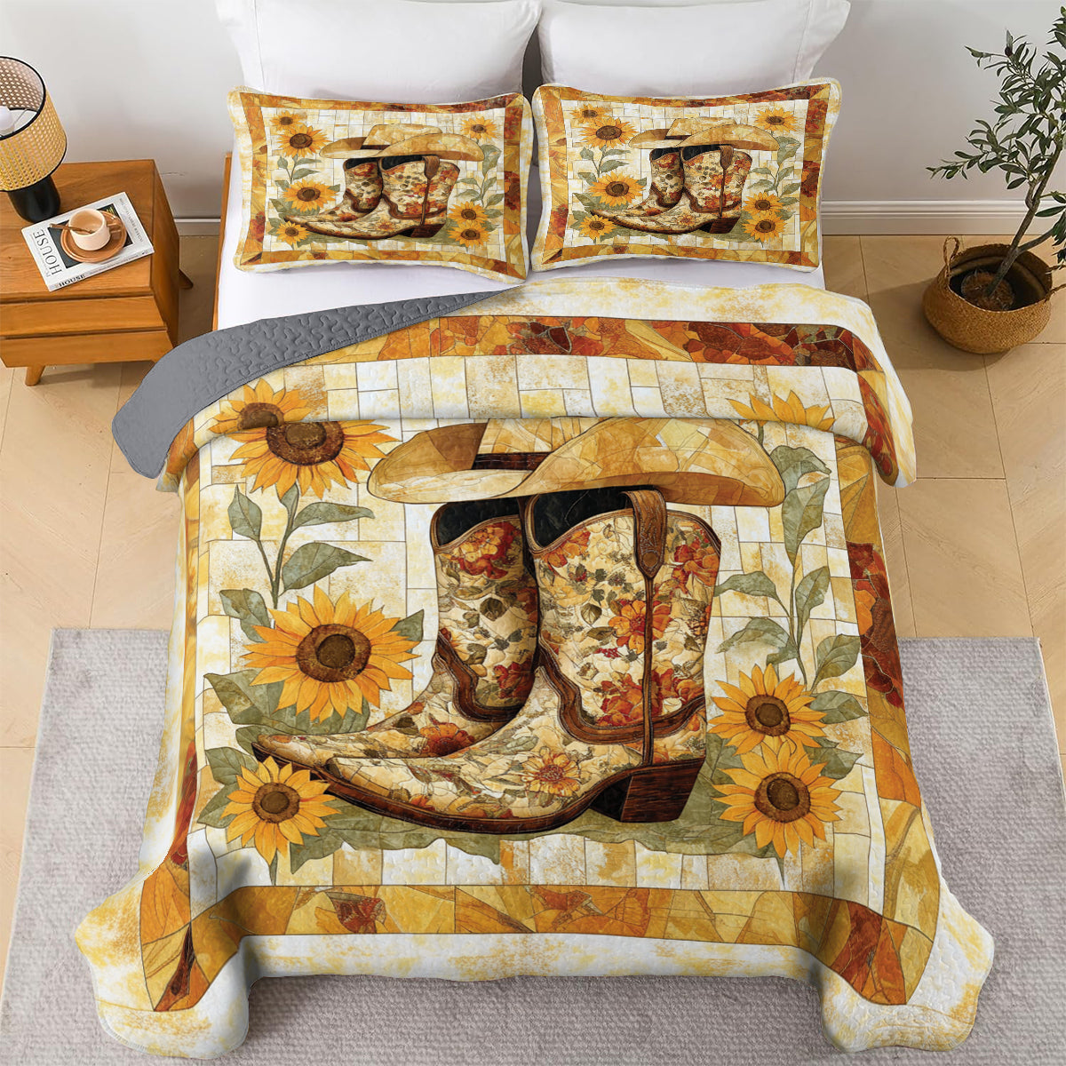 Shineful All Season Quilt 3-Piece Set Sunflower Cowboy Boot