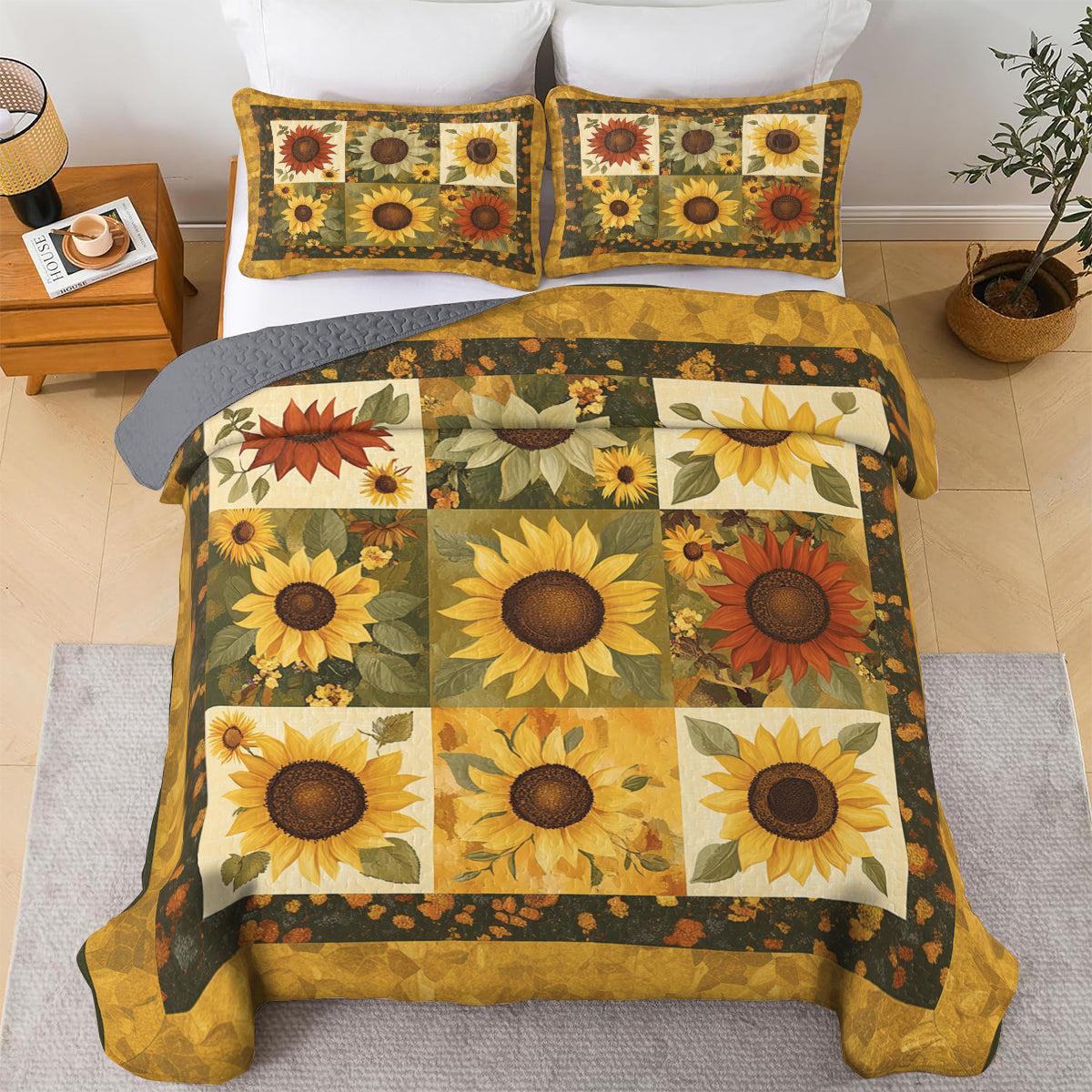 Shineful All Season Quilt 3-Piece Set Golden Sunflower Patchwork