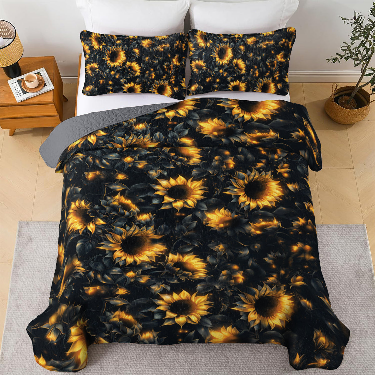 Shineful All Season Quilt 3-Piece Set Midnight Sunflower Glow