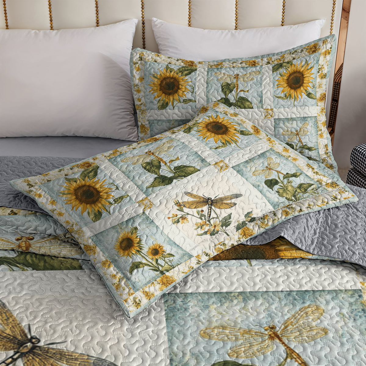 Shineful All Season Quilt 3-Piece Set Sunflower Dragonfly Patchwork