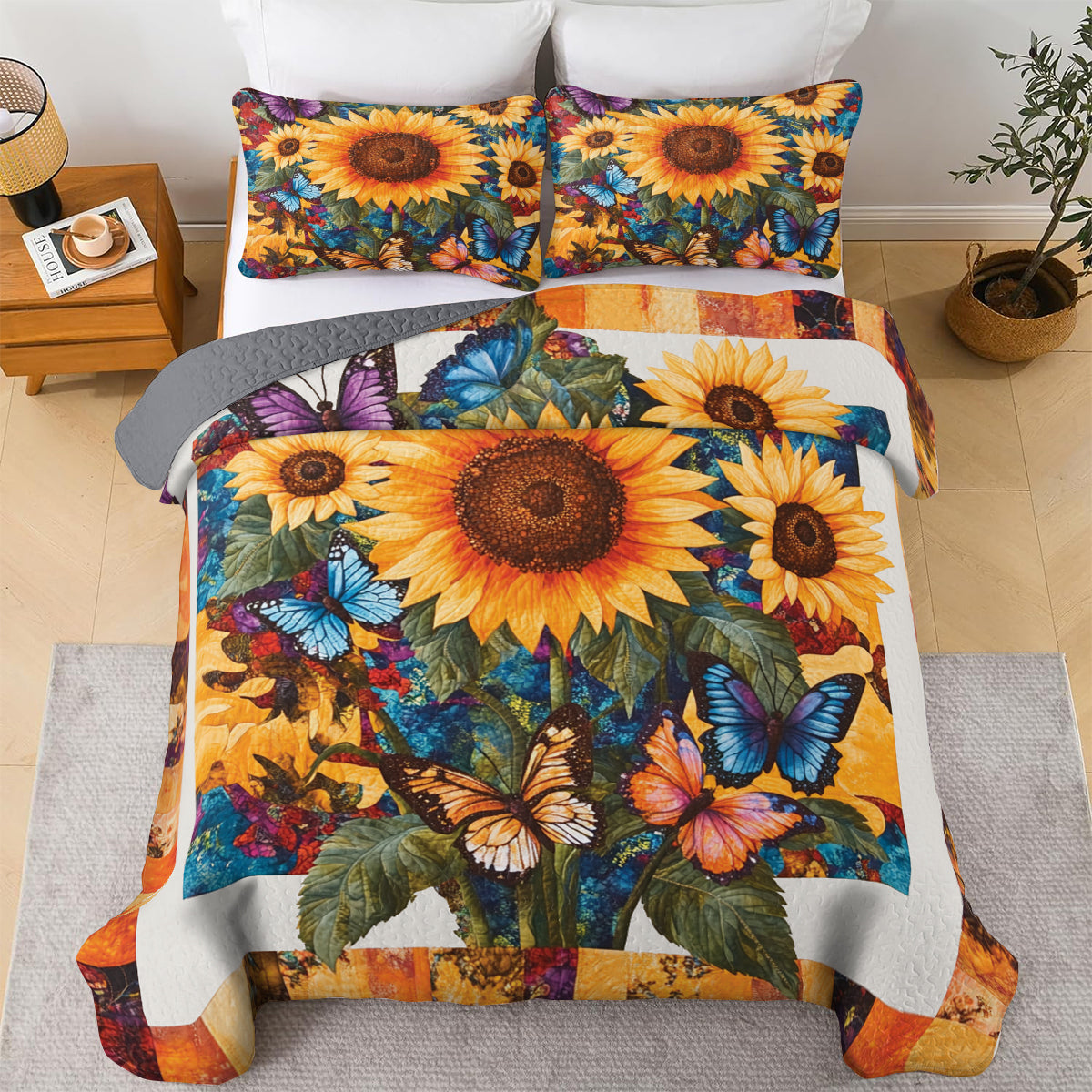 Shineful All Season Quilt 3-Piece Set Vibrant Sunflower & Butterfly